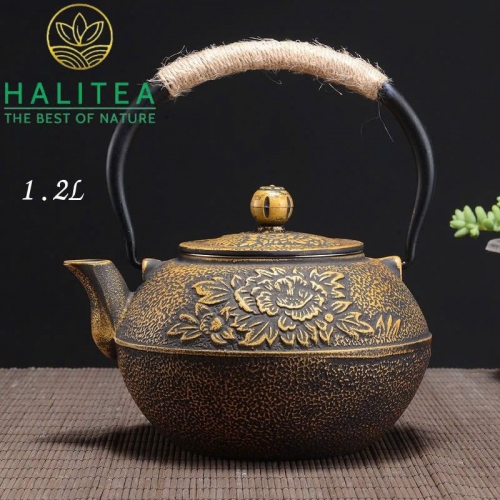 Ấm Gang Nhật Bản Tetsubin Họa Tiết Hoa Mẫu Đơn Vàng 1,2L
