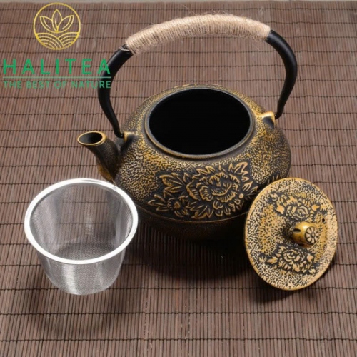 Ấm Gang Nhật Bản Tetsubin Họa Tiết Hoa Mẫu Đơn Vàng 1,2L