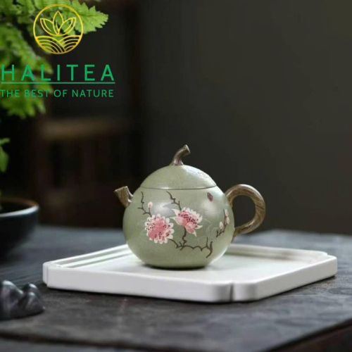 Ấm Tử Sa Dáng Cà Đoạn Đậu Thanh Sa Hoạ Tiết Hoa Đào 160ml
