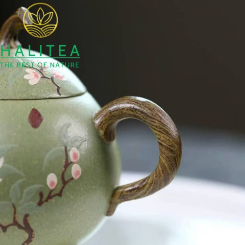 Ấm Tử Sa Dáng Cà Đoạn Đậu Thanh Sa Hoạ Tiết Hoa Đào 160ml