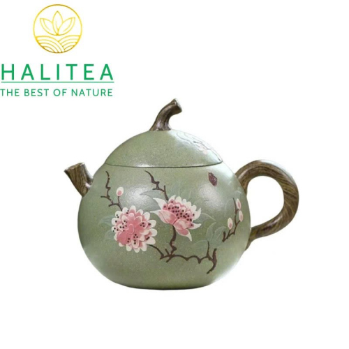 Ấm Tử Sa Dáng Cà Đoạn Đậu Thanh Sa Hoạ Tiết Hoa Đào 160ml