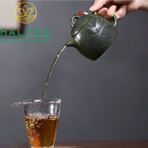 Ấm Tử Sa Tần Quyền Lục Nê Khắc Long Quy Sơn Thuỷ 300ml