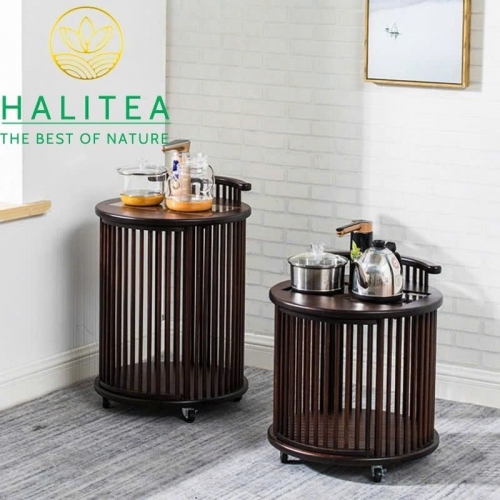 Bàn Trà Di Động Gỗ Tròn Có Bánh Xe – Tủ Trà Pha Nước Tiện Lợi Cao Cấp