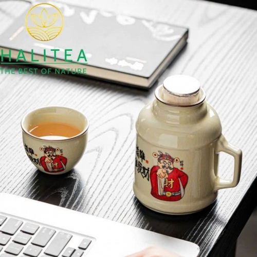Bình Trà Giữ Nhiệt Gốm Sứ Nhữ Diêu - Ru Kiln Mini 400ml Kèm Ly Hộp Quà Tặng