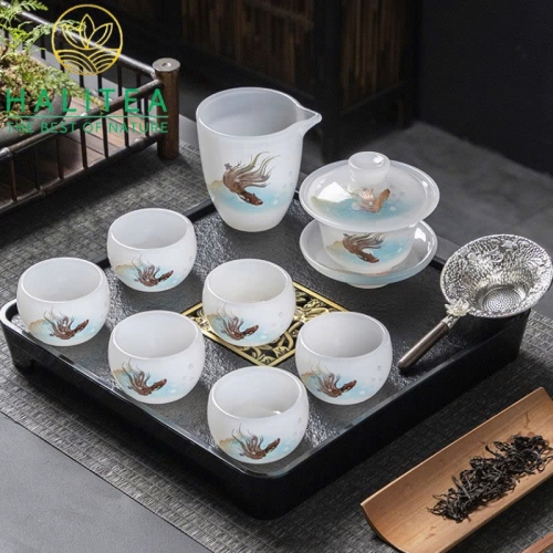 Bộ Ấm Chén Ngọc Cao Cấp Hộp Quà Tặng Vali Sang Trọng 10 Món
