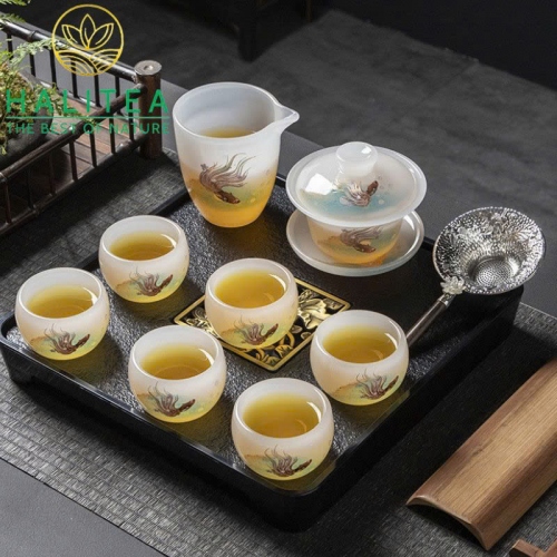 Bộ Ấm Chén Ngọc Cao Cấp Hộp Quà Tặng Vali Sang Trọng 10 Món