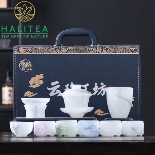 Bộ Ấm Chén Ngọc Hộp Quà Tặng Vali Xanh 10 Món Cao Cấp