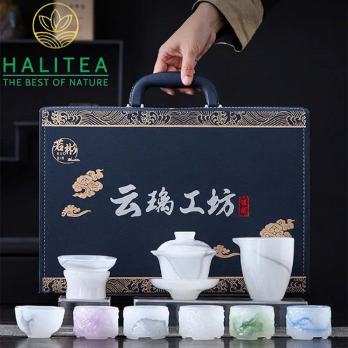 Bộ Ấm Chén Ngọc Hộp Quà Tặng Vali Xanh 10 Món Cao Cấp