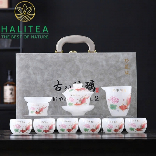 Bộ Ấm Chén Ngọc Sen Cá Cao Cấp - Hộp Vali Quà Tặng
