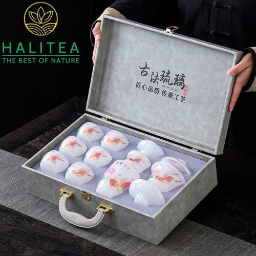 Bộ Ấm Chén Ngọc Sen Cá Cao Cấp - Hộp Vali Quà Tặng