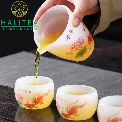 Bộ Ấm Chén Ngọc Sen Cá Cao Cấp - Hộp Vali Quà Tặng