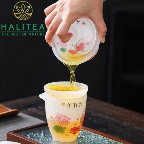 Bộ Ấm Chén Ngọc Sen Cá Cao Cấp - Hộp Vali Quà Tặng