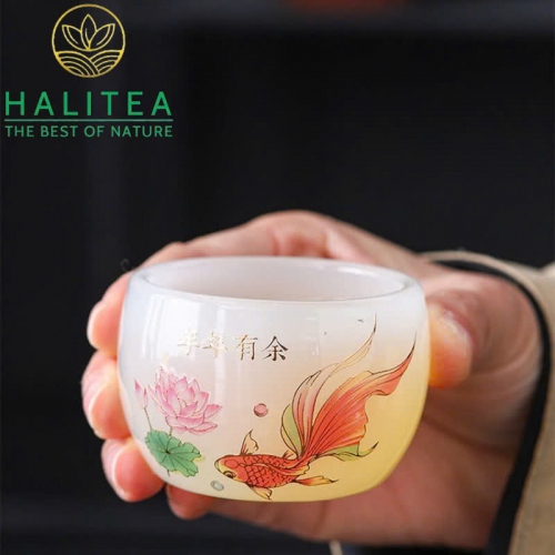 Bộ Ấm Chén Ngọc Sen Cá Cao Cấp - Hộp Vali Quà Tặng