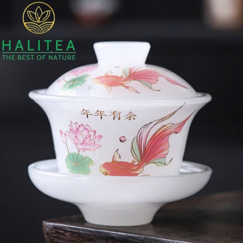 Bộ Ấm Chén Ngọc Sen Cá Cao Cấp - Hộp Vali Quà Tặng