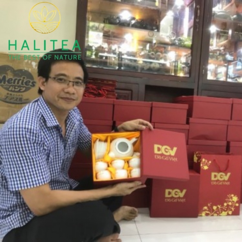 Bộ Ấm Tách Sứ Men Trắng Cao Cấp Kiểu Tròn In Logo