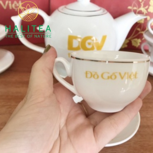 Bộ Ấm Tách Sứ Men Trắng Cao Cấp Kiểu Tròn In Logo