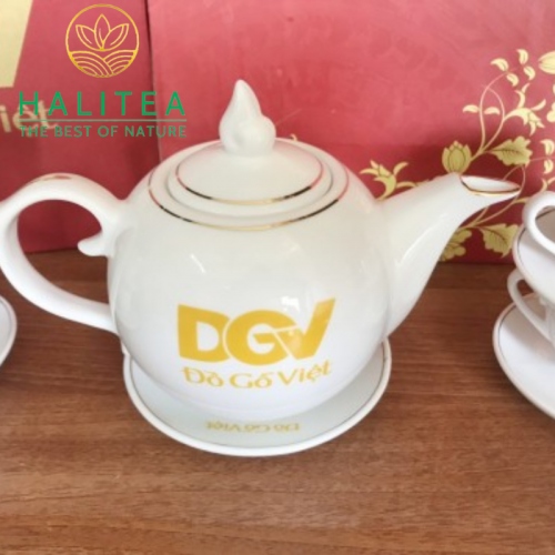 Bộ Ấm Tách Sứ Men Trắng Cao Cấp Kiểu Tròn In Logo