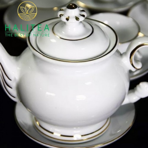 Bộ Ấm Trà Cát Tường Sứ Trắng Viền Vàng Bát Tràng Cao Cấp 500ml