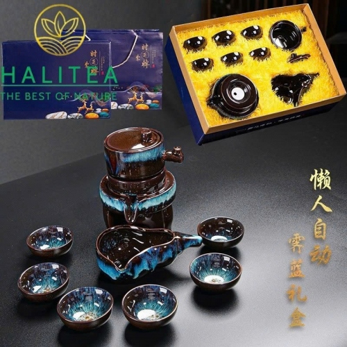 Bộ Ấm Trà Cối Xay Men Thiên Mục - Hộp Quà Tặng Cao Cấp