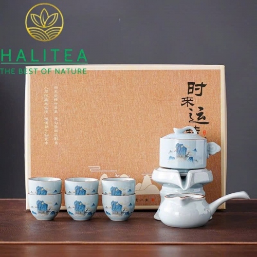 Bộ Ấm Trà Cối Xay Sứ Trắng Cao Cấp 9 Món Hộp Túi Giấy BAT-CXT01