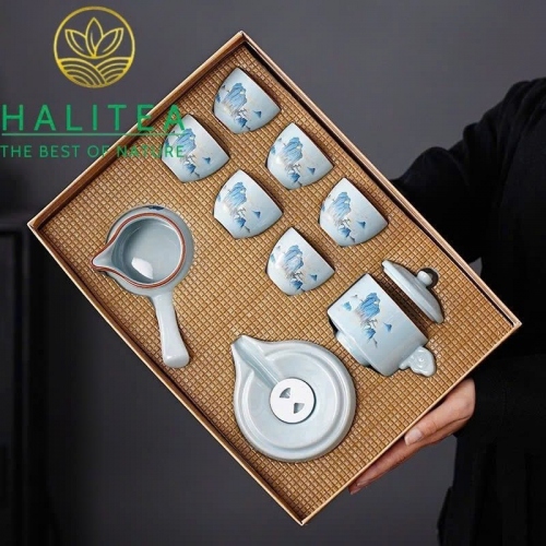 Bộ Ấm Trà Cối Xay Sứ Trắng Cao Cấp 9 Món Hộp Túi Giấy BAT-CXT01