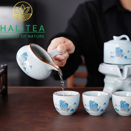 Bộ Ấm Trà Cối Xay Sứ Trắng Cao Cấp 9 Món Hộp Túi Giấy BAT-CXT01