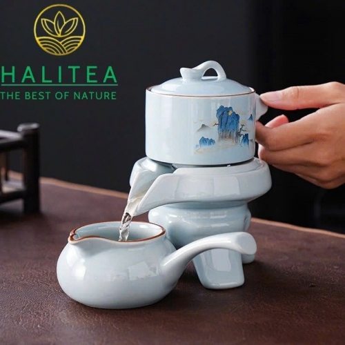 Bộ Ấm Trà Cối Xay Sứ Trắng Cao Cấp 9 Món Hộp Túi Giấy BAT-CXT01