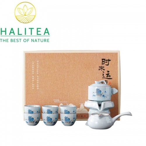 Bộ Ấm Trà Cối Xay Sứ Trắng Cao Cấp 9 Món Hộp Túi Giấy BAT-CXT01