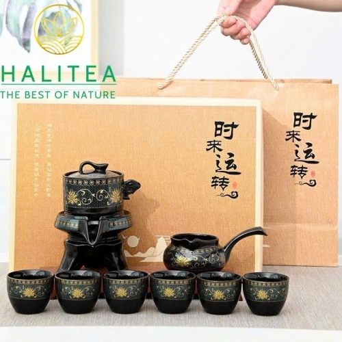 Bộ Ấm Trà Cối Xay Sứ Xanh Cổ Điển Cao Cấp 9 Món Hộp Túi Giấy