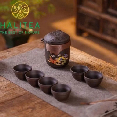 Bộ Ấm Trà Du Lịch Tử Sa Long Phụng Đổi Màu 1 Ấm 6 Chén – Túi Xách Tay Tiện Dụng
