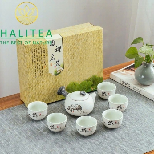 Bộ Ấm Trà Kiểu Nhật Sứ Trắng Họa Tiết Hoa Sen Trang Nhã BAS200