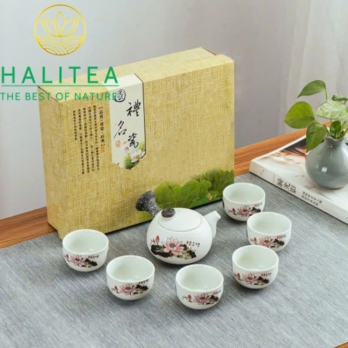 Bộ Ấm Trà Kiểu Nhật Sứ Trắng Họa Tiết Hoa Sen Trang Nhã BAS200