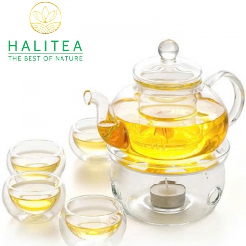 Bộ Ấm Trà Lõi Lọc Thuỷ Tinh Chén 2 Lớp Đế Nến Tròn 600ml