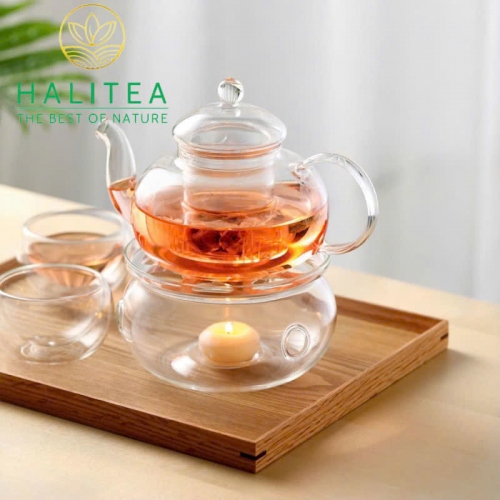 Bộ Ấm Trà Lõi Lọc Thuỷ Tinh Chén 2 Lớp Đế Nến Tròn 600ml