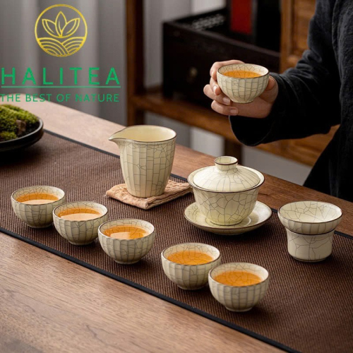 Bộ Ấm Trà Nhữ Diêu (Ru Yao) Men Rạn Cao Cấp – Set 10 Món Kèm Hộp Da Sang Trọng
