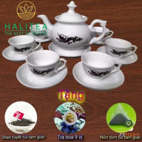 Bộ Ấm Trà Sứ Bát Tràng Hình Rồng Đổi Màu Khi Pha Tặng Kèm 3 Danh Trà