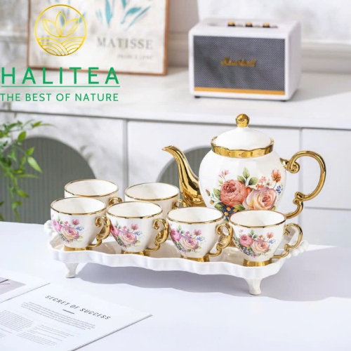 Bộ Ấm Trà Sứ Hoa Hồng Phong Cách Anh Quốc 8 Món Khay Chữ Nhật