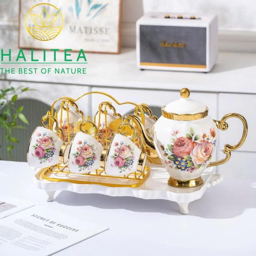 Bộ Ấm Trà Sứ Hoa Hồng Phong Cách Anh Quốc 8 Món Khay Chữ Nhật