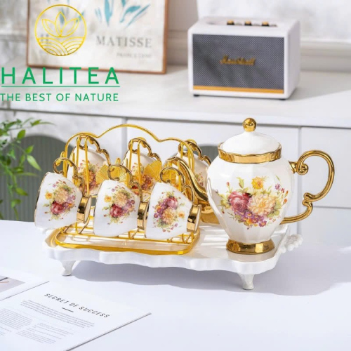 Bộ Ấm Trà Sứ Hoa Hồng Phong Cách Anh Quốc 8 Món Khay Chữ Nhật