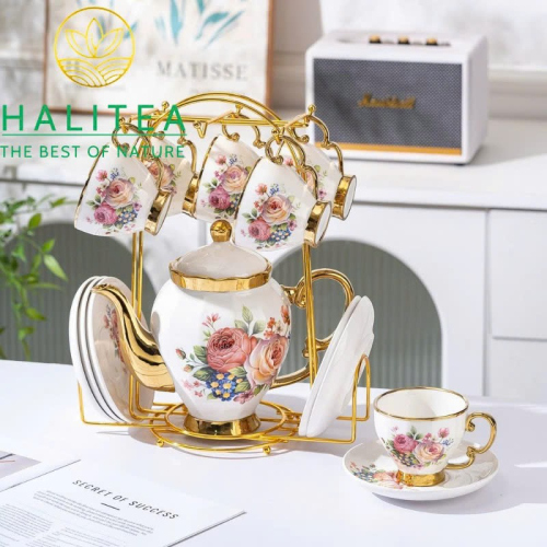 Bộ Ấm Trà Sứ Hoa Hồng Phong Cách Anh Quốc 8 Món Khay Chữ Nhật
