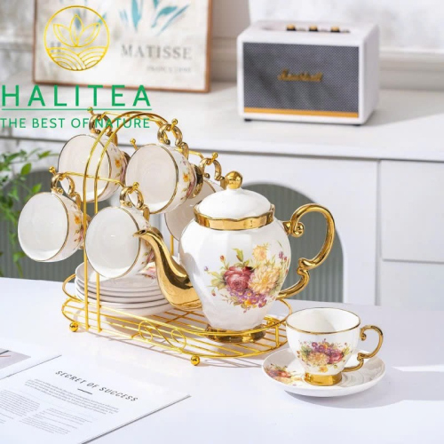 Bộ Ấm Trà Sứ Hoa Hồng Phong Cách Anh Quốc 8 Món Khay Chữ Nhật
