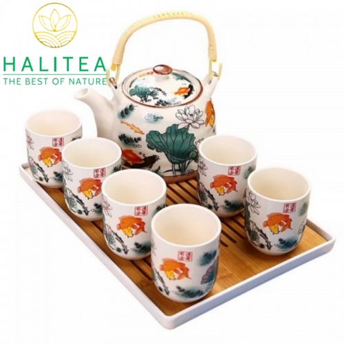 Bộ Ấm Trà Sứ Quai Xách Có Lưới Lọc Họa Tiết Sen Cá 900ml