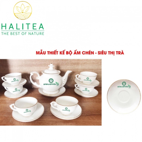 Bộ Ấm Trà Sứ Trắng Viền Vàng 18k in logo từ 50 bộ