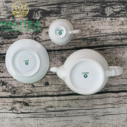 Bộ Ấm Trà Sứ Trắng Viền Vàng 18k in logo từ 50 bộ