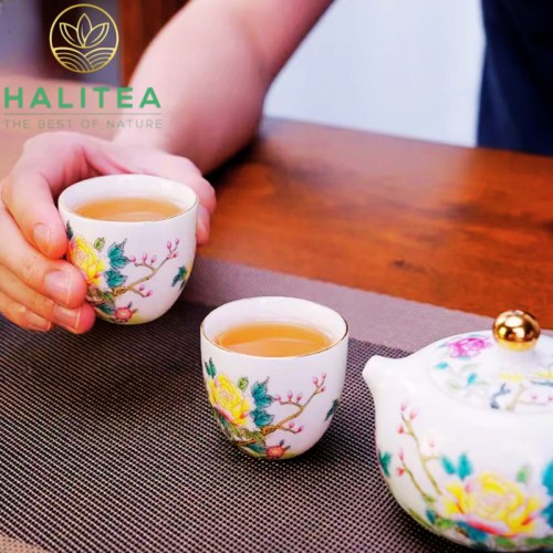 Bộ Ấm Trà Tây Thi Sứ Đức Hoá Hoa Mẫu Đơn Vàng 200ml