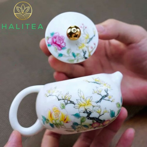 Bộ Ấm Trà Tây Thi Sứ Đức Hoá Hoa Mẫu Đơn Vàng 200ml