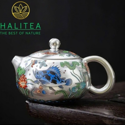 Bộ Ấm Trà Thủ Công Tây Thi Mạ Bạc Họa Tiết Cá – Hộp Gỗ Cao Cấp
