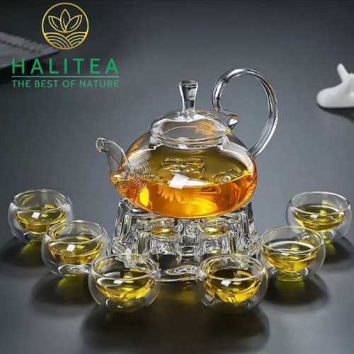 Bộ Ấm Trà Thủy Tinh Quai Cong Chén 2 Lớp Đế Tim 600ml