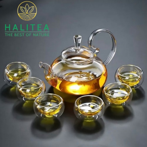 Bộ Ấm Trà Thủy Tinh Quai Cong Chén 2 Lớp Đế Tim 600ml