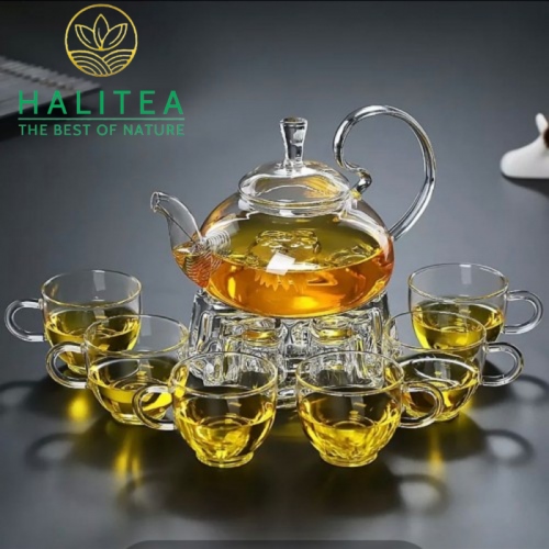 Bộ Ấm Trà Thủy Tinh Quai Cong Tách Dĩa Đế Tim 600ml